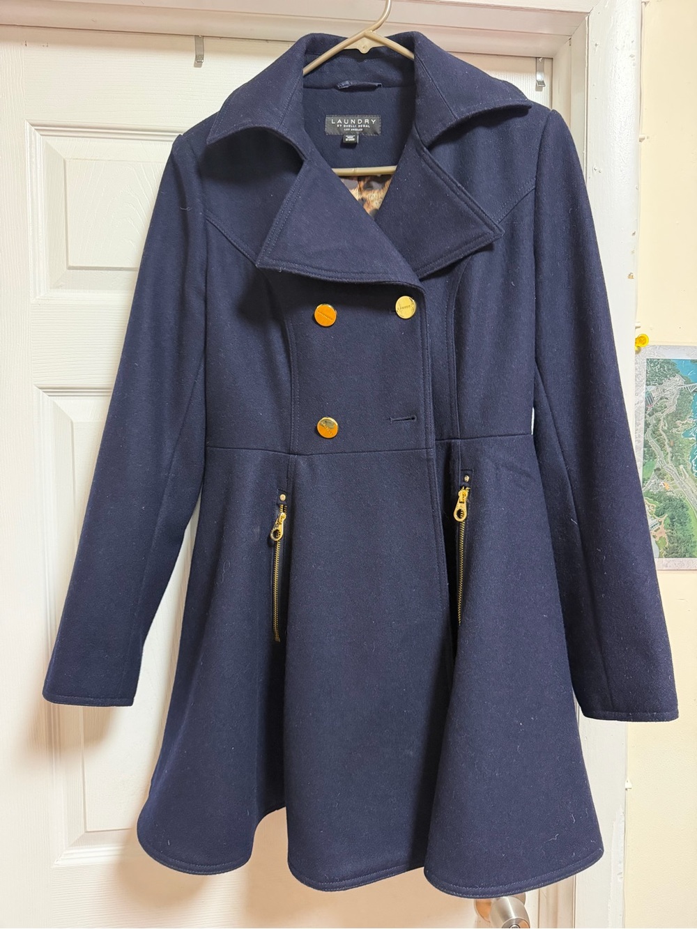 LAUNDRY by Shelli Segal Women's Double-Breasted Skirted Wool Peacoat Navy Blue M